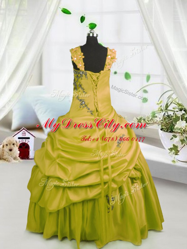 Gold Satin Lace Up Womens Party Dresses Sleeveless Floor Length Beading and Pick Ups