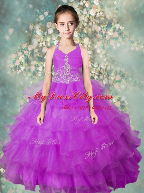 Halter Top Ruffled Floor Length Ball Gowns Sleeveless Lavender Party Dress for Toddlers Zipper