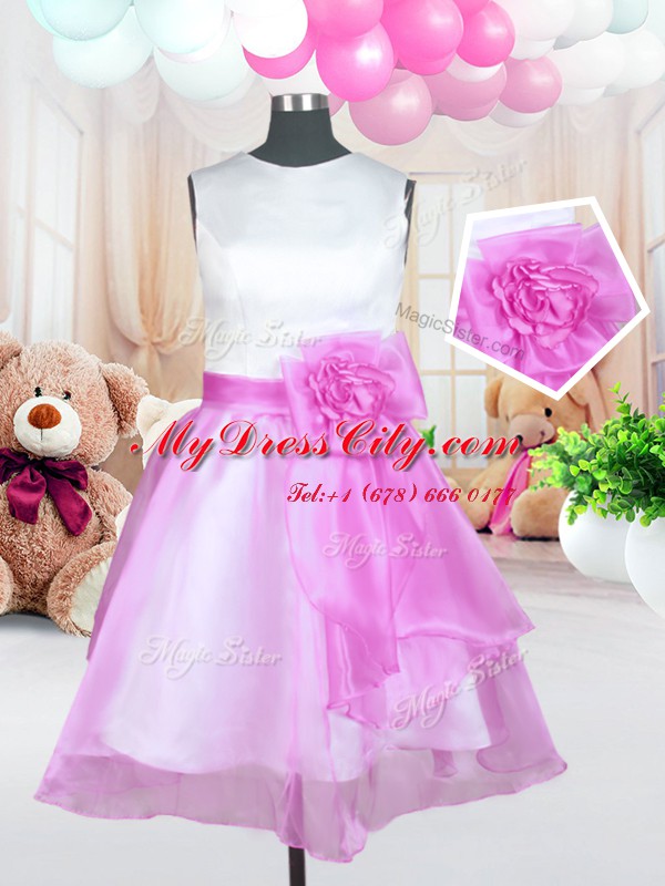 New Arrival Scoop Rose Pink Ball Gowns Sashes ribbons and Hand Made Flower Flower Girl Dresses Zipper Organza Sleeveless Knee Length