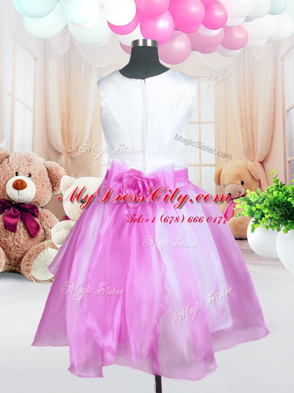 New Arrival Scoop Rose Pink Ball Gowns Sashes ribbons and Hand Made Flower Flower Girl Dresses Zipper Organza Sleeveless Knee Length