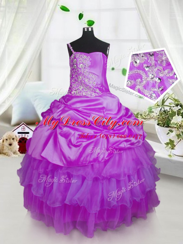 One Shoulder Pick Ups Ruffled Floor Length Ball Gowns Sleeveless Lavender Party Dress for Toddlers Lace Up