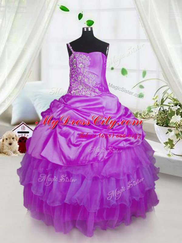 One Shoulder Pick Ups Ruffled Floor Length Ball Gowns Sleeveless Lavender Party Dress for Toddlers Lace Up