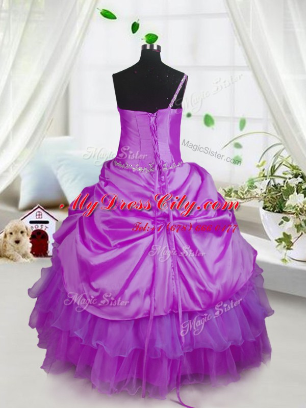 One Shoulder Pick Ups Ruffled Floor Length Ball Gowns Sleeveless Lavender Party Dress for Toddlers Lace Up