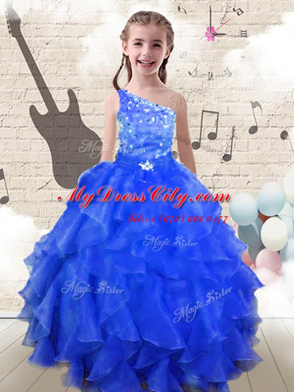 Superior One Shoulder Sleeveless Floor Length Beading and Ruffles Lace Up Little Girl Pageant Gowns with Royal Blue