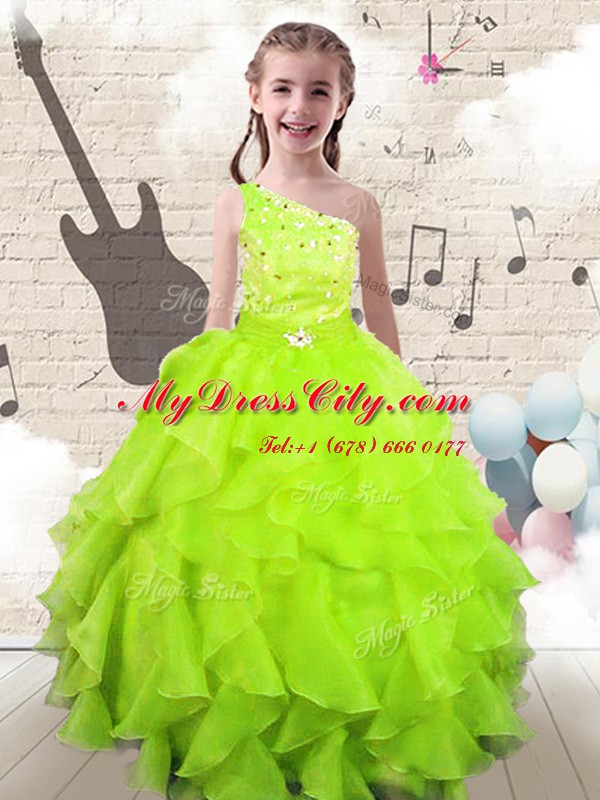 Nice One Shoulder Organza Sleeveless Floor Length Pageant Gowns For Girls and Beading and Ruffles