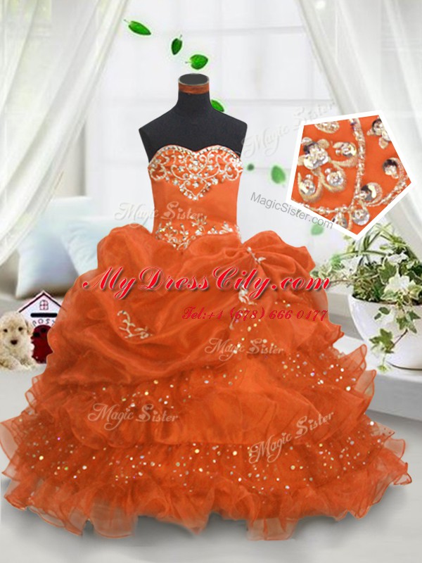 Excellent Pick Ups Ruffled Floor Length Ball Gowns Sleeveless Orange Little Girls Pageant Gowns Lace Up