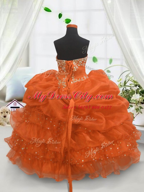 Excellent Pick Ups Ruffled Floor Length Ball Gowns Sleeveless Orange Little Girls Pageant Gowns Lace Up