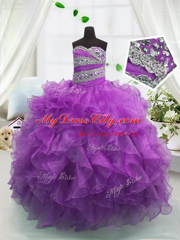 Sweetheart Sleeveless Lace Up Little Girls Pageant Dress Wholesale Purple Organza