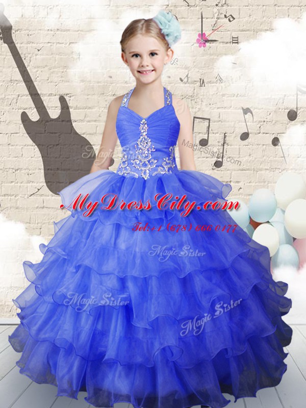 Low Price Halter Top Royal Blue Lace Up Casual Dresses Beading and Ruffled Layers Sleeveless Floor Length