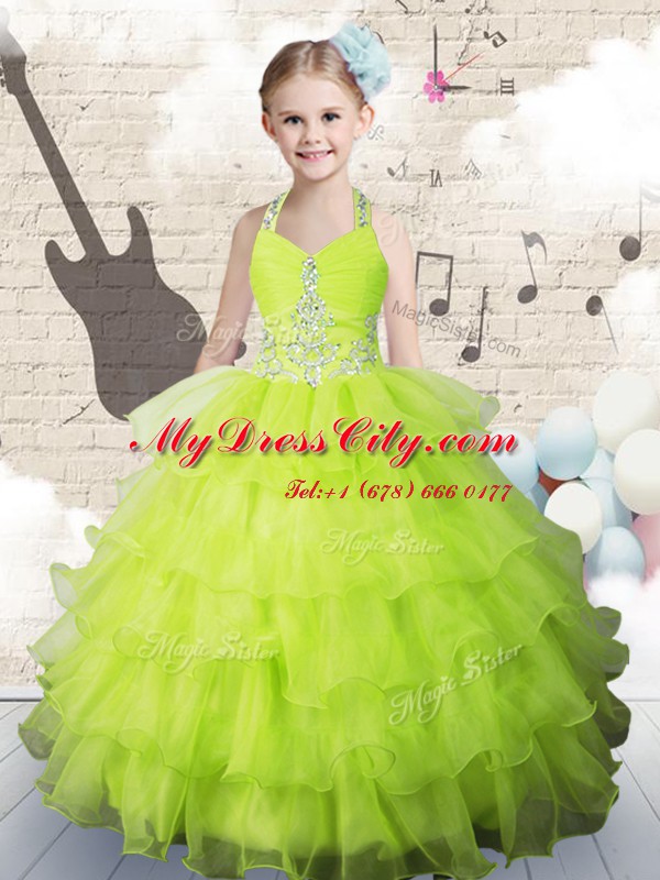 Glorious Floor Length Lace Up Party Dress for Girls Apple Green for Party and Wedding Party with Beading and Ruffled Layers