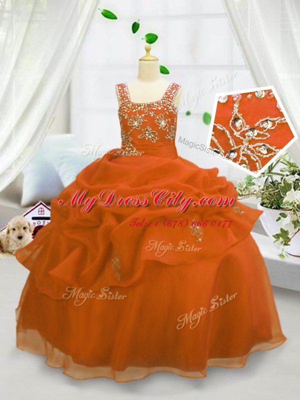 Popular Beading and Pick Ups Pageant Gowns Orange Lace Up Sleeveless Floor Length