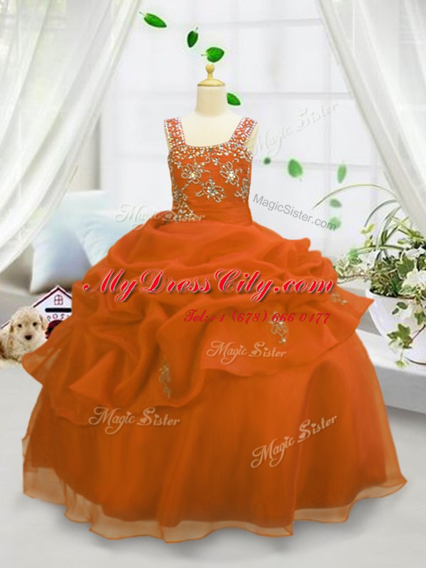 Popular Beading and Pick Ups Pageant Gowns Orange Lace Up Sleeveless Floor Length