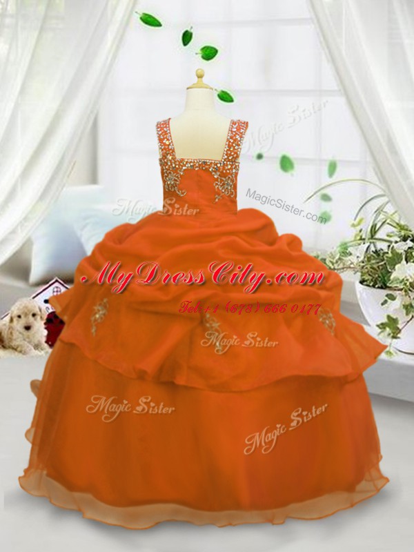 Popular Beading and Pick Ups Pageant Gowns Orange Lace Up Sleeveless Floor Length