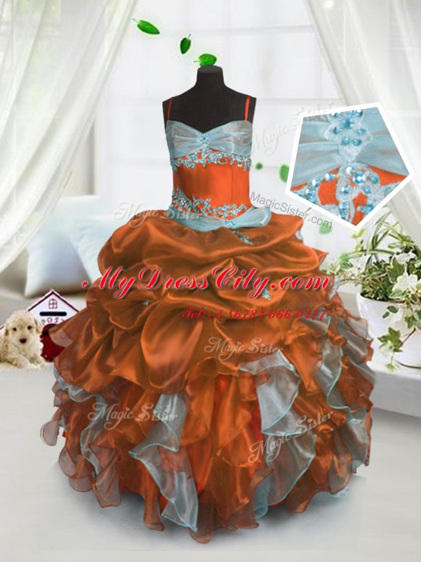 Rust Red Organza Lace Up Girls Pageant Dresses Sleeveless Floor Length Beading and Ruffles and Pick Ups