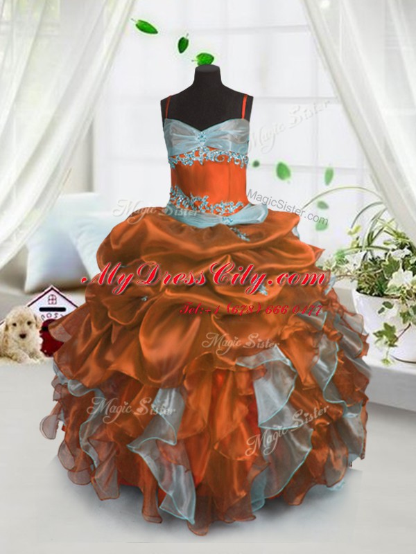 Rust Red Organza Lace Up Girls Pageant Dresses Sleeveless Floor Length Beading and Ruffles and Pick Ups