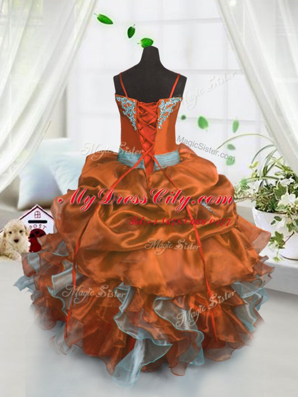 Rust Red Organza Lace Up Girls Pageant Dresses Sleeveless Floor Length Beading and Ruffles and Pick Ups