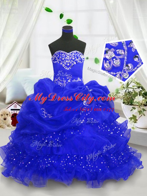 Trendy Pick Ups Ruffled Ball Gowns Pageant Dress for Teens Royal Blue Sweetheart Organza Sleeveless Floor Length Lace Up