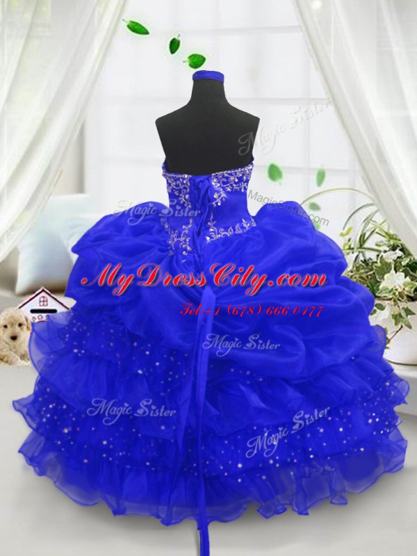 Trendy Pick Ups Ruffled Ball Gowns Pageant Dress for Teens Royal Blue Sweetheart Organza Sleeveless Floor Length Lace Up