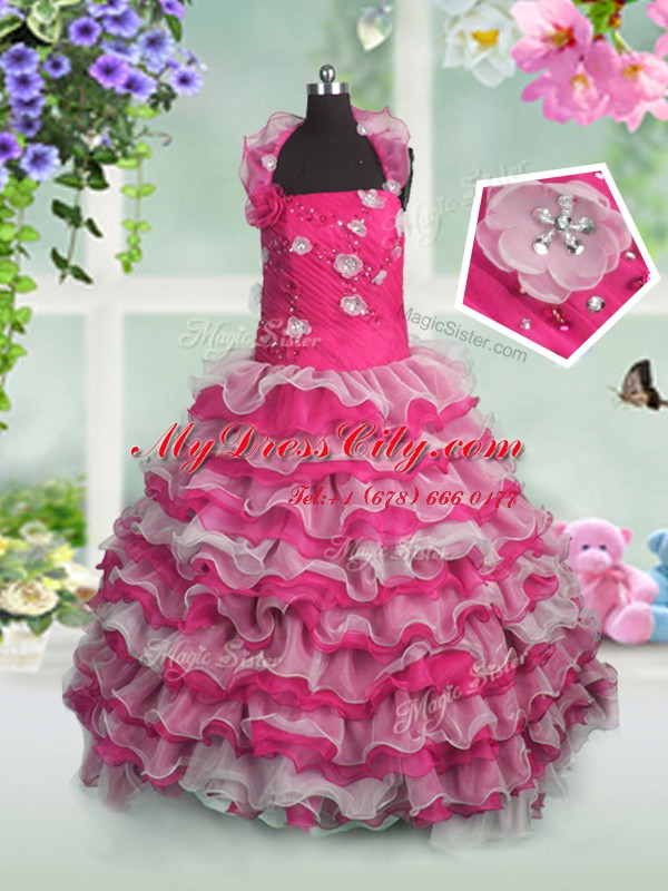 Hot Pink Straps Lace Up Beading and Appliques and Ruffled Layers Pageant Gowns Sleeveless