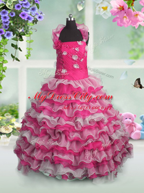 Hot Pink Straps Lace Up Beading and Appliques and Ruffled Layers Pageant Gowns Sleeveless