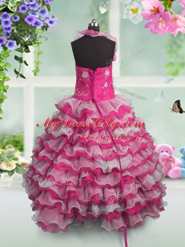 Hot Pink Straps Lace Up Beading and Appliques and Ruffled Layers Pageant Gowns Sleeveless