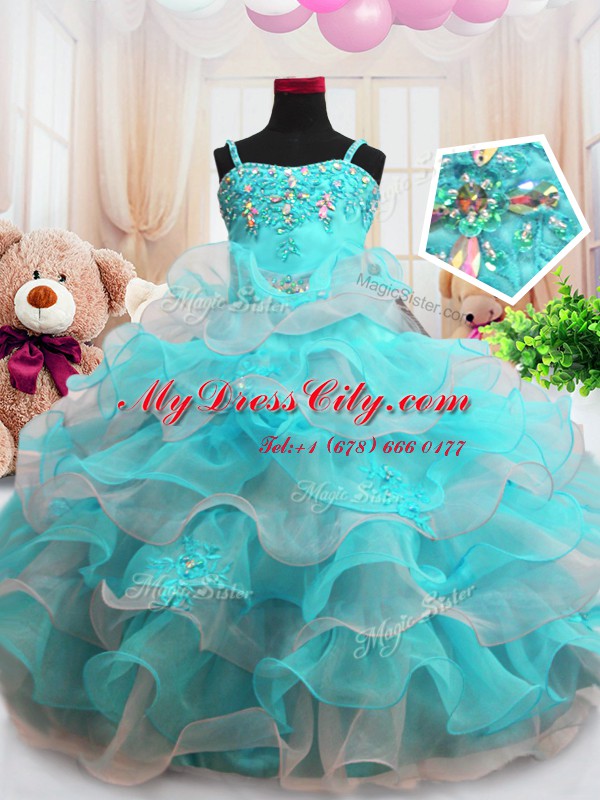 Dazzling Aqua Blue Organza Zipper Pageant Dress for Girls Sleeveless Floor Length Beading and Ruffled Layers