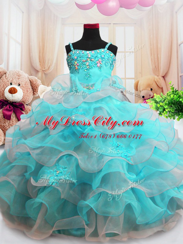 Dazzling Aqua Blue Organza Zipper Pageant Dress for Girls Sleeveless Floor Length Beading and Ruffled Layers