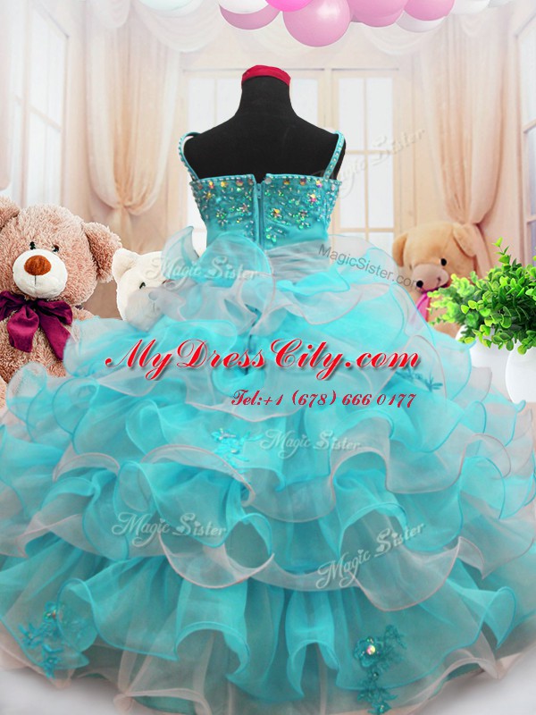 Dazzling Aqua Blue Organza Zipper Pageant Dress for Girls Sleeveless Floor Length Beading and Ruffled Layers