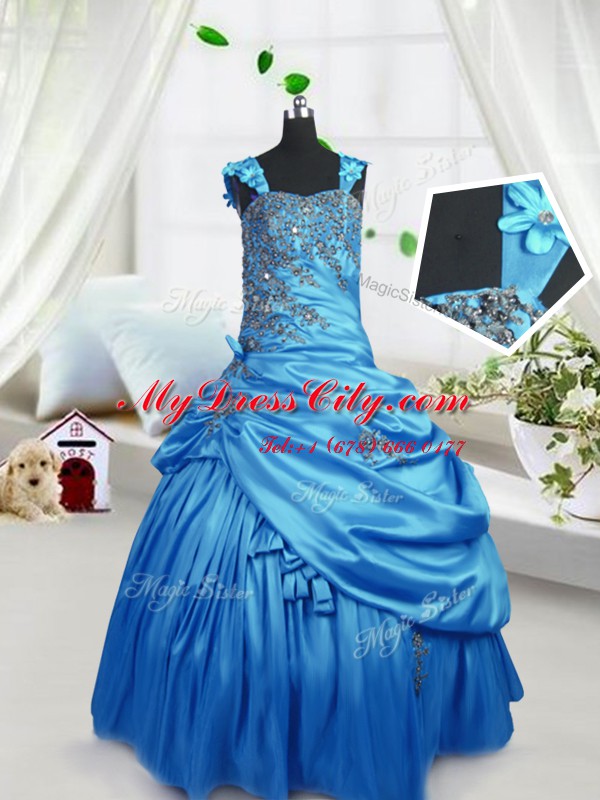 Floor Length Zipper Pageant Dress Toddler Aqua Blue for Party and Wedding Party with Beading and Pick Ups