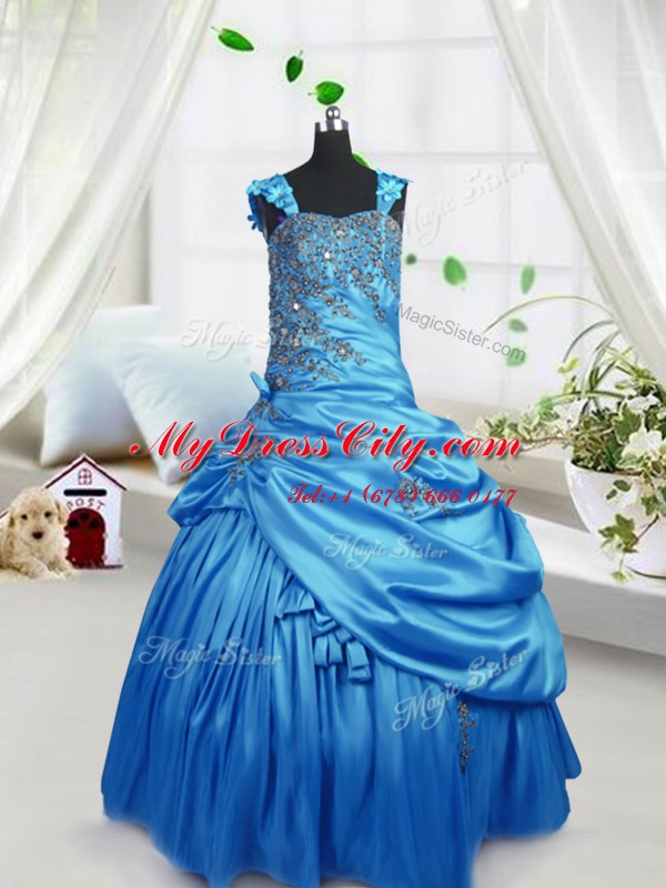 Floor Length Zipper Pageant Dress Toddler Aqua Blue for Party and Wedding Party with Beading and Pick Ups