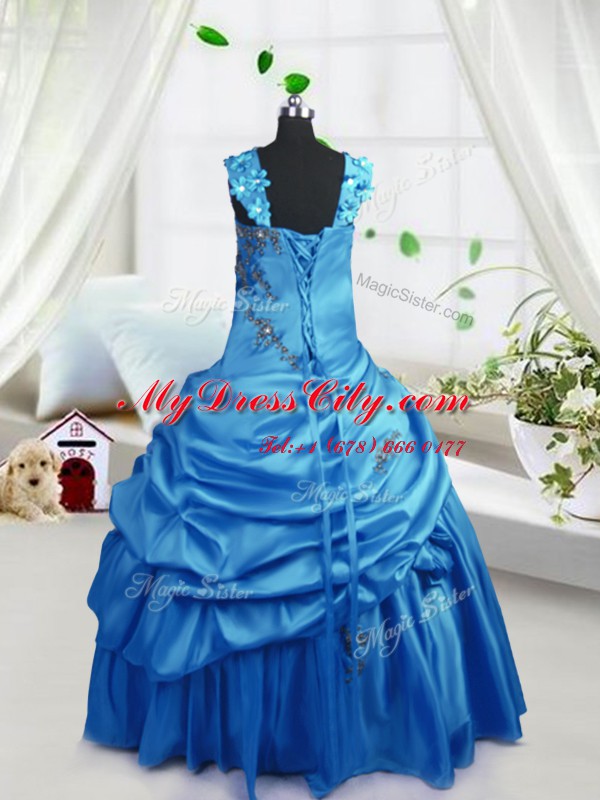 Floor Length Zipper Pageant Dress Toddler Aqua Blue for Party and Wedding Party with Beading and Pick Ups