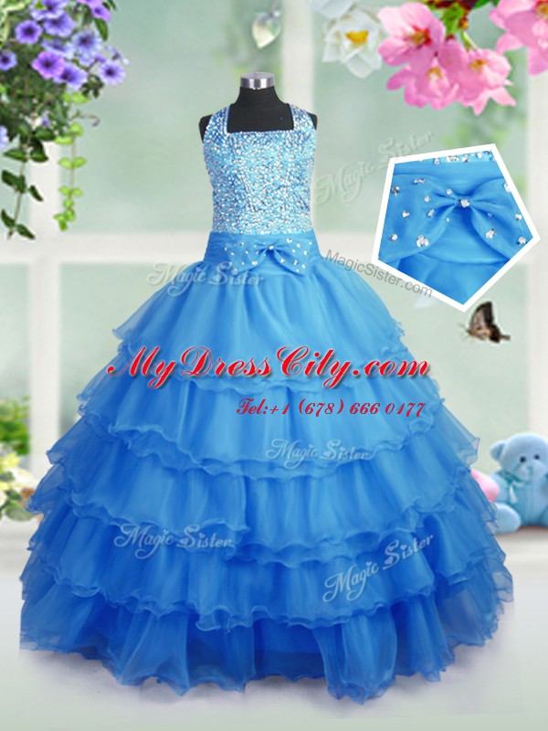 Ruffled Square Sleeveless Zipper Pageant Dress for Womens Baby Blue Organza