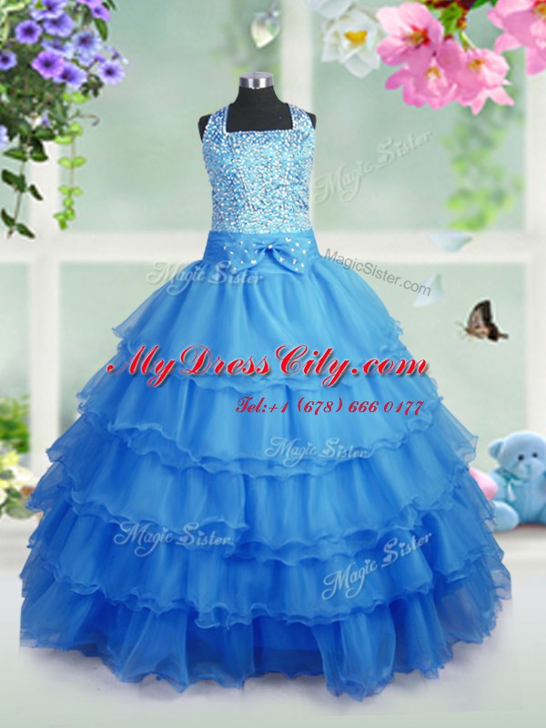 Ruffled Square Sleeveless Zipper Pageant Dress for Womens Baby Blue Organza