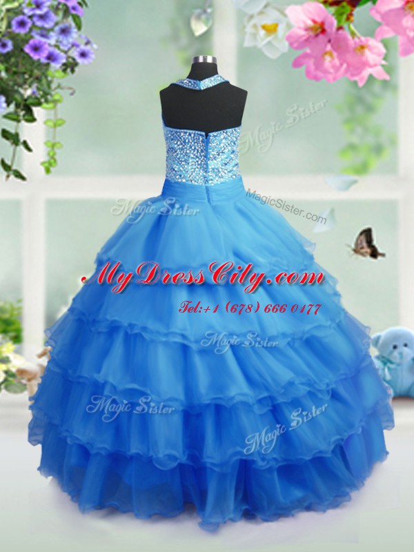 Ruffled Square Sleeveless Zipper Pageant Dress for Womens Baby Blue Organza