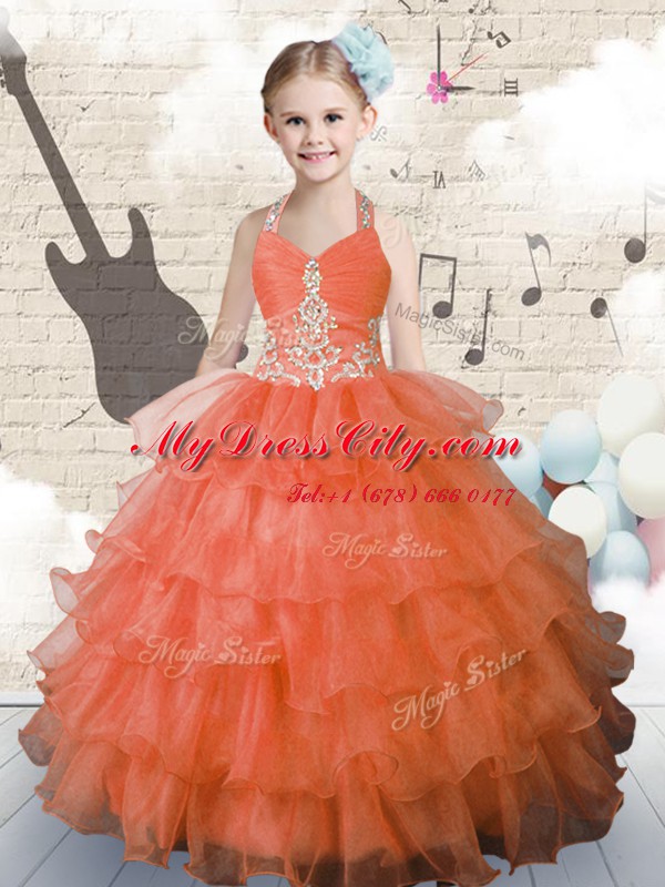 Cheap Halter Top Orange Lace Up Girls Pageant Dresses Beading and Ruffled Layers Sleeveless Floor Length