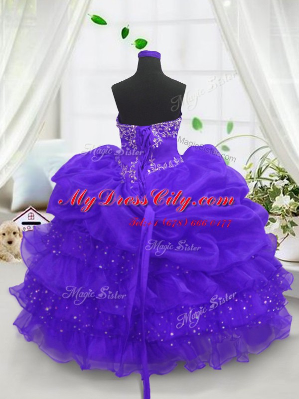 Dramatic Beading and Ruffled Layers and Pick Ups Kids Formal Wear Blue Lace Up Sleeveless Floor Length