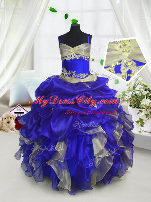 Spaghetti Straps Sleeveless Organza Little Girls Pageant Gowns Beading and Ruffles and Pick Ups Lace Up