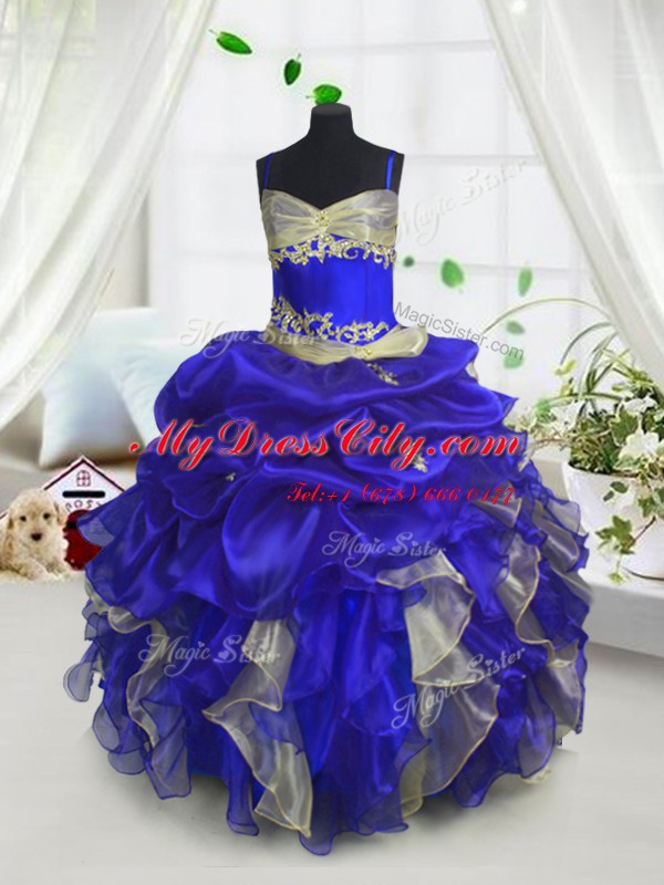 Spaghetti Straps Sleeveless Organza Little Girls Pageant Gowns Beading and Ruffles and Pick Ups Lace Up