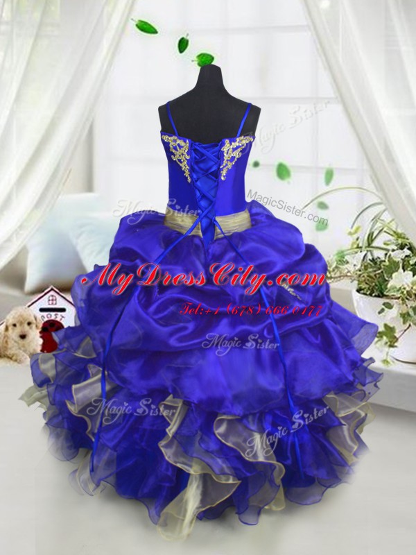 Spaghetti Straps Sleeveless Organza Little Girls Pageant Gowns Beading and Ruffles and Pick Ups Lace Up