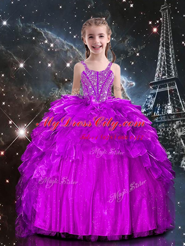 Elegant Ball Gowns Little Girls Pageant Dress Fuchsia Spaghetti Straps Organza Sleeveless Floor Length Lace Up