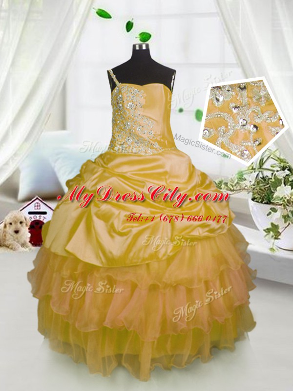 One Shoulder Sleeveless Lace Up Floor Length Beading and Ruffled Layers and Pick Ups Girls Pageant Dresses