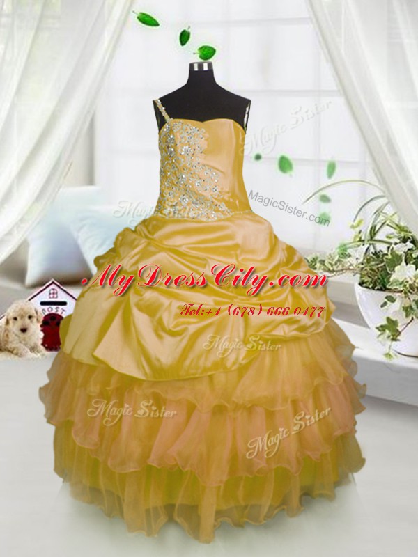 One Shoulder Sleeveless Lace Up Floor Length Beading and Ruffled Layers and Pick Ups Girls Pageant Dresses