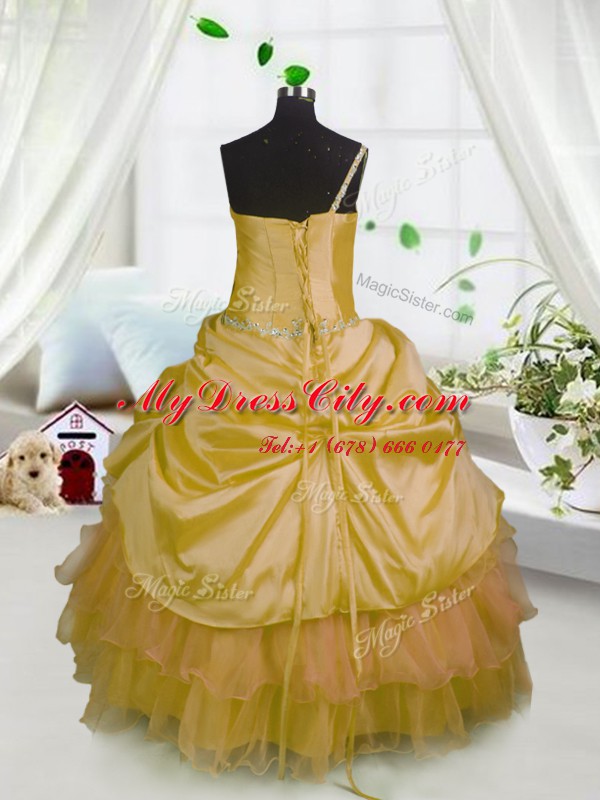 One Shoulder Sleeveless Lace Up Floor Length Beading and Ruffled Layers and Pick Ups Girls Pageant Dresses