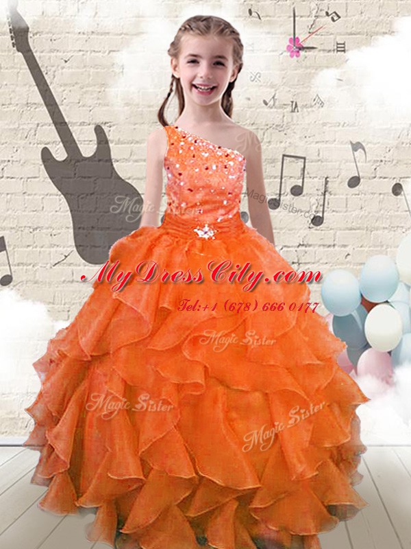 Custom Designed Orange Red Girls Pageant Dresses Party and Wedding Party and For with Beading and Ruffles One Shoulder Sleeveless Lace Up