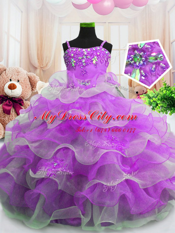 Sleeveless Organza Floor Length Zipper Party Dresses in Purple with Beading and Ruffled Layers