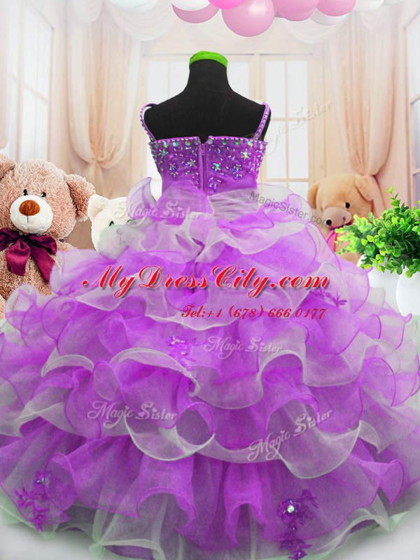 Sleeveless Organza Floor Length Zipper Party Dresses in Purple with Beading and Ruffled Layers