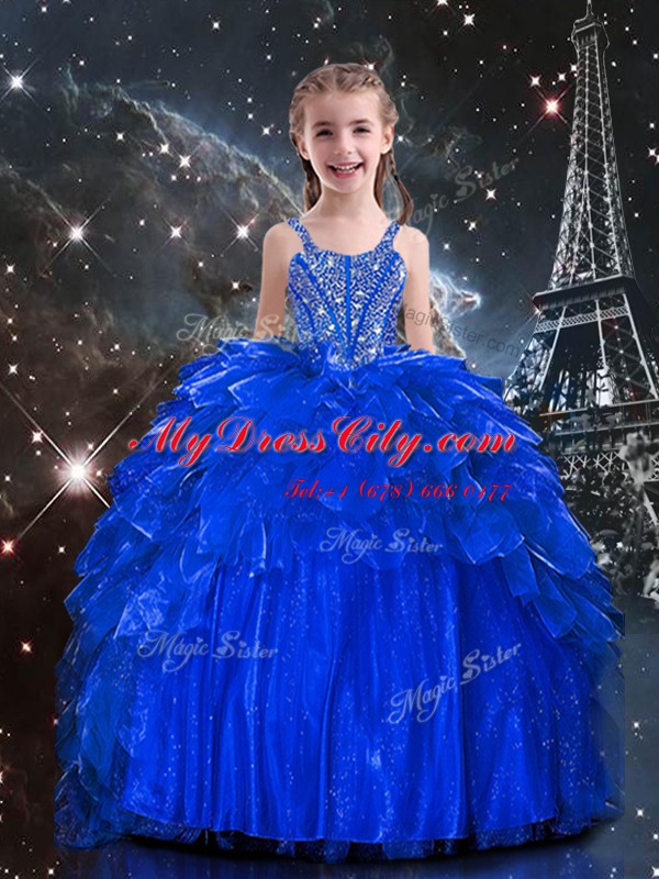 Perfect Royal Blue Sleeveless Floor Length Beading and Ruffles Lace Up Pageant Dress Wholesale