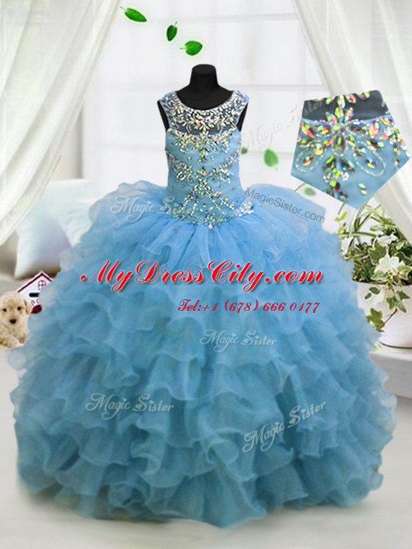 Ruffled Ball Gowns Glitz Pageant Dress Baby Blue Scoop Organza Sleeveless Floor Length Lace Up