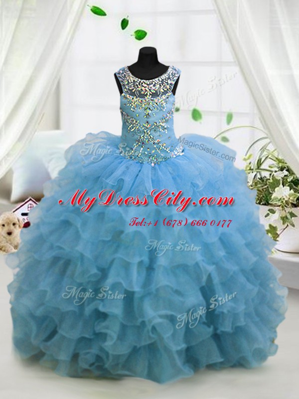 Ruffled Ball Gowns Glitz Pageant Dress Baby Blue Scoop Organza Sleeveless Floor Length Lace Up