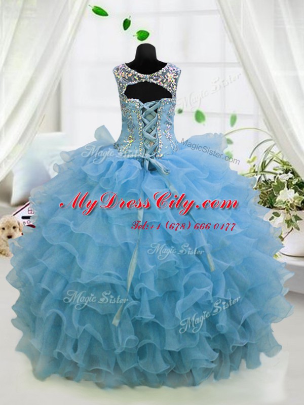 Ruffled Ball Gowns Glitz Pageant Dress Baby Blue Scoop Organza Sleeveless Floor Length Lace Up